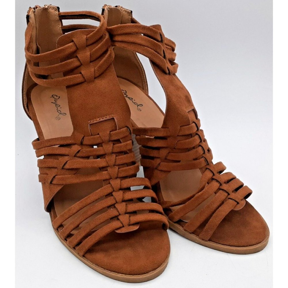 Qupid Block Heel Rear Zip Sandals Women's Size 7 Brown